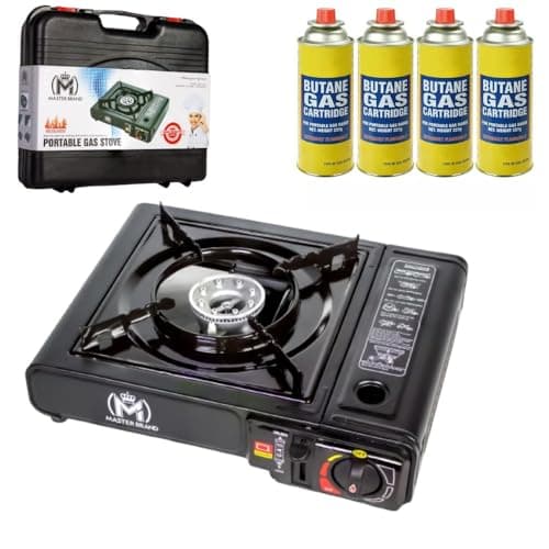 Portable Camping Gas Stove with 4 Butane Gas Canisters & Carry Case – Portable Butane Gas Cooker for Camping, Caravan, Fishing, BBQ & Emergency Cooking – Single Burner Portable Stove