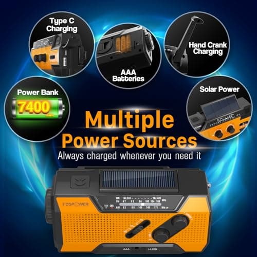 FosPower NOAA Emergency Weather Radio A1 7400mWh Portable Power Bank, AM/FM, USB/Solar/Hand Crank Charging, Battery Operated, SOS Alarm & Flashlight for Indoor/Outdoor Emergency - Orange — view 2