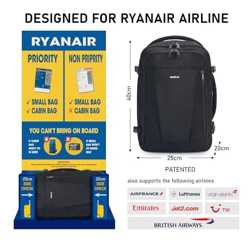 ECOHUB Ryanair Cabin Bag 40x20x25 Underseat Travel Bag 9 Pockets Hand Luggage Backpack Recycled PET Eco Friendly Rucksack for Women & Men Carry on Bag with USB Port, 20L, Black — view 3
