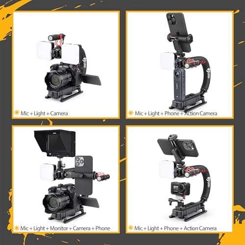 Zeadio Video Handheld Stabilizer, All-in-One Vlogging Camera Handle Grip Rig Kit with Dimmable LED Video Light, Microphone, Phone Holder, Action Camera Adapter for Camera DSLR and All Smartphones etc — view 3