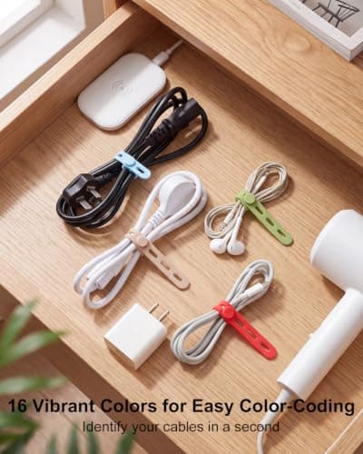 32Pcs Reusable Silicone Cable Ties, 16 Pastel & Classic Colours Wire Tidies with Button & Eyelet Design, 13cm Flexible Cord Management Straps for Headphone, USB Charger, Desk, and Travel Organiser — view 3