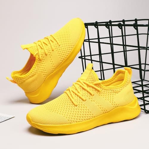 DLWKIPV Men's Trainers Lightweight Breathable Slip-On Sneakers with Anti-Slip Sole and Cushioned Casual Outdoor Sports Fashion Jogging Shoes for Running Walking Tennis Yellow UK Size 8 — view 6