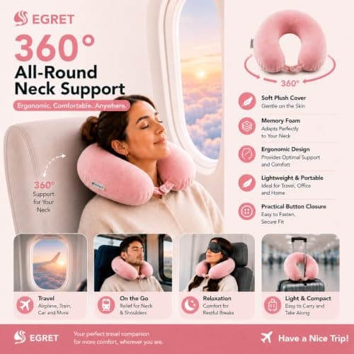 Egret Memory Foam Travel Neck Pillow, 360° Head, Neck & Chin Support, 2-Level Adjustable Neck Pillow for Travel with Removable Washable Cover, for Long Flights (Pink — view 3