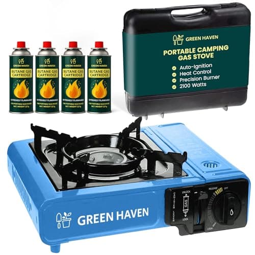 Green Haven Camping Stove Gas Portable | Carry Case, 4 Canisters & Piezo