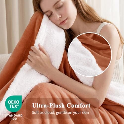 Aisbo Sherpa Fleece Throw Blanket Burnt Orange - Fluffy Thick Warm Blanket for Sofa Couch Throw Single Size, Solid Microfiber Bed Blanket Soft Throws for Travel, 130x150cm — view 4