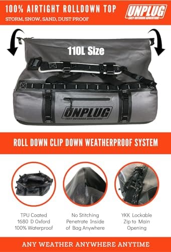 UNPLUG Ultimate Adventure Bag - 1680D Heavy Duty Waterproof Duffel for Travel, Camping, Motorcycle, Hunting, Bug Out (110L Storm Grey) — view 3