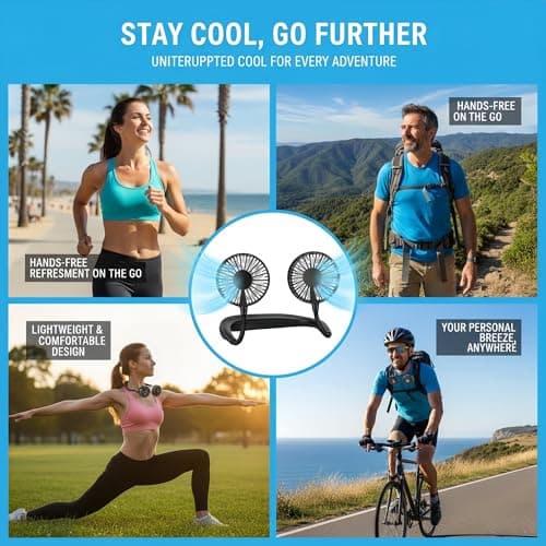 Portable Neck Fan, Hand Free Personal Hanging Neck Sports Fan USB Rechargeable (3 Speed Adjustable) Wearable Cooling Head Fan,360 Degree Free Rotation for Traveling, Sports, Office, Reading (Black) — view 6