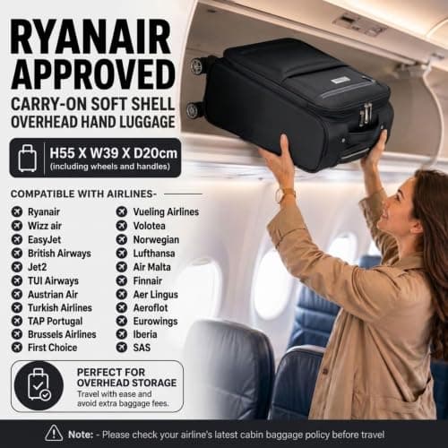 DK Luggage 55x40x20 cm Lightweight Cabin Suitcase for Ryanair, Wizz air, EasyJet, BA, Jet 2 Soft Shell 4 Wheel Spinner Carry on Hand Luggage (WLS Black, 20" Cabin) — view 3