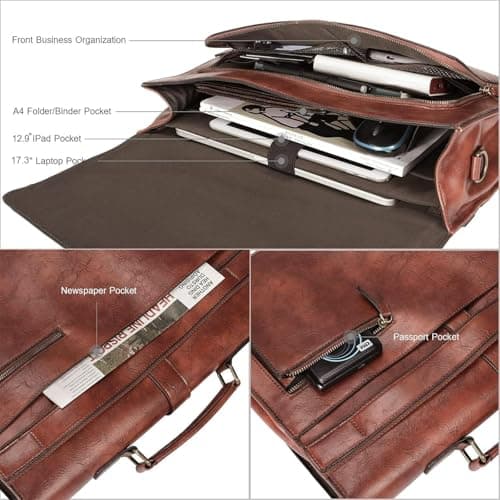 Estarer Mens PU Leather Briefcase Large Laptop Satchel Messenger Shoulder Bag for Work Business Office - Christmas Gifts For Him 17.3 Inch Brown-1 — view 4
