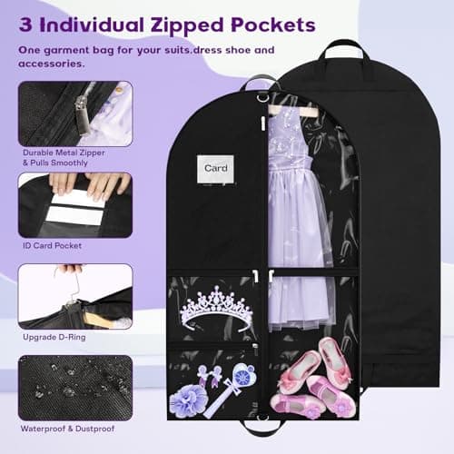 Costume Garment Bags for Dancers, Garment Bags with 3 Clear Zipper Pockets, Clothes Covers Protector Bags for Suits, Travel & Sports Jersey, Cheer Uniform, Cosplay (Black, 1 Pack (40inches)) — view 3