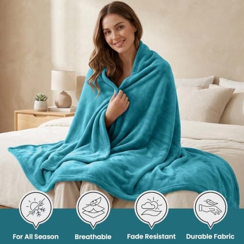 AMEHA Double Fleece Blanket for Bed Settees Cozy Throws for Sofas Warm Throws for Adults Soft Fluffy Blanket, Teal 150cm X 200 cm — view 6
