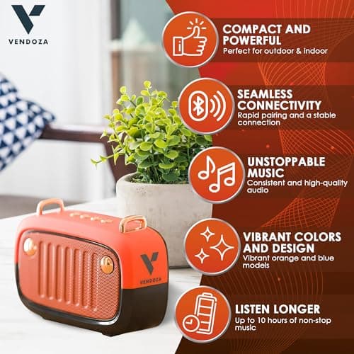 Vendoza Retro Bluetooth Speaker Portable Wireless Mini Speaker – 5W Compact Travel Speaker with 10-Hour Battery, Bluetooth 5.0, Stylish Vintage Design for Home, Picnics & Gifts – Orange — view 2