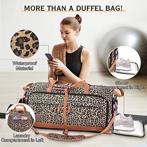 Lekesky Large Foldable Travel Duffe Bag - 80L Waterproof Holdall Luggage Bag with Shoes Compartment, Weekend Overnight Sports Bag for Women and Men(Leopard Print, 72 * 33 * 34cm) — view 3