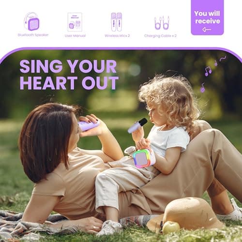 Karaoke Machine for Kids Adults, Karaoke Toys Gifts for Girls Boys, Portable Bluetooth Speaker with Wireless Microphone, Birthday Gifts for Girls Boys Ages 4, 5, 6, 7, 8, 9, 10, 12+ Years Old(Purple) — view 5