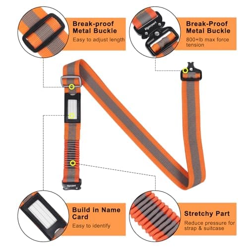 Vigorport Luggage Straps for Suitcases 2 Pack, Heavy Duty Metal Buckle Luggage Belt Strap, TSA Approved Suitcase Belt, Stretchable Travel Strap for Luggage (Orange, 72''L & 79''L) — view 4