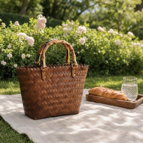 Alasum Straw Tote Bag for Women, Woven Beach Bag with Bamboo Handle, Coffee — view 3