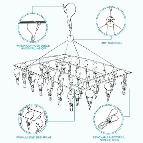 Sinnsally Folding Sock Dryer with 36 Pegs,Metal Sock Hangers with Clips,Underwear Hanger for Washing Line Accessories,Stainless Steel Clothes Sock Drying Rack,Laundry Drip Airer Hanger with Pegs — view 3