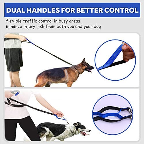 Hands Free Dog Leash for Running Walking Training Hiking, Dual-Handle Reflective Bungee, Poop Bag Dispenser Pouch, Adjustable Waist Belt, Shock Absorbing, Ideal for Medium to Large Dogs (Black Blue) — view 3
