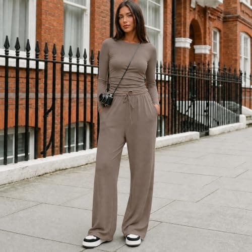 Ladies Tracksuit Sets Khaki 2 Piece Long Sleeve Round Neck Crop Top Side Pocket Wide Leg Trousers Co Ords Sets Lounge Wear Sets for Women UK Travel Loungewear Autumn Outfits Size XL — view 3