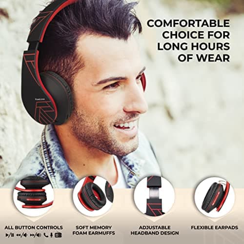 PowerLocus Bluetooth Over-Ear Headphones, Wireless Stereo Foldable Headphones Wireless and Wired Headsets with Built-in Mic, Micro SD/TF, FM for iPhone/Samsung/iPad/PC (Black/Red) — view 2