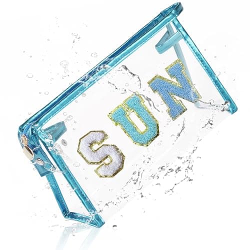 COSHAYSOO Clear Makeup Bag Preppy Sunscreen Skin Beach Travel Zipper Pouch Cosmetic Stuff Make Up Organizer for Women Teen Girls, Trendy Cute Chenille Letter Patch Small Waterproof Purse (Blue Sun)