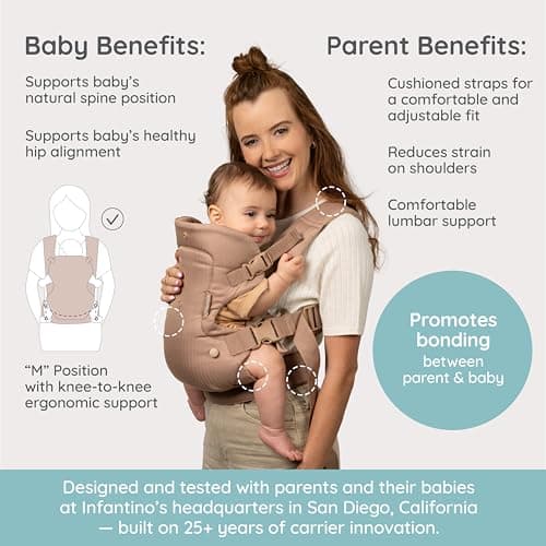 Infantino Flip Luxe 4-in-1 Convertible Baby Carrier, Ergonomic Infant to Toddler Carrier, Updated Lumbar Support, Premium Herringbone Fabric, Elevated Accents, Hands-Free Comfort, 3,2-16kg, Affogato — view 4