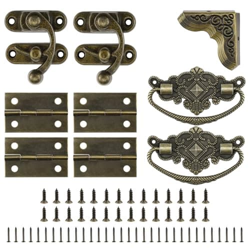 MARRTEUM 1 Set Jewelry Box Hinges Hasp Catch Corner Protector, Retro Engraved Decorative Hardware Kit with Screws for DIY Wooden Case Furniture Cabinet Suitcase Decoration Repairs (Antique Bronze)