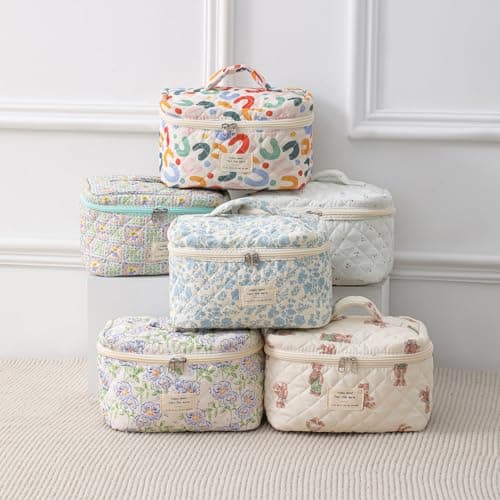uekeboag Large Travel Quilted Makeup Bag for Women, Cotton Floral Cosmetic Bag, Coquette Aesthetic Toiletry Organizer Bag, Light Blue-Flower — view 4