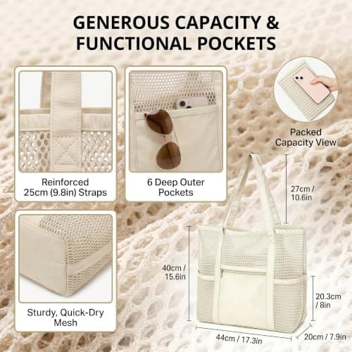 MIGIFTDY Beige Mesh Beach Bag Storage Tote,Stylish Beach Tote for Swimming, Multi Compartment Mesh Organizer with Extra Side Pockets, Quick Dry Breathable Foldable Shower Pool Gym Storage Handbag — view 4
