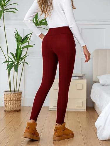 CrystErzoix Fleece Lined Leggings Women High Waisted Thermal Leggings Thick Ladies Sports Yoga Leggings Winter Warm with Pockets, Wine Red M — view 3