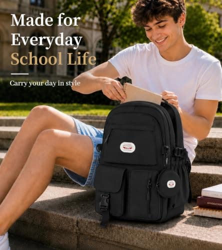 BECOJADDE Backpack School Bag for Women and Girls, 15.6" Laptop, Black 25L — view 2
