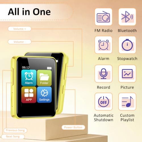 Foeuyte 32GB MP3 Players with Bluetooth,1.8 Inch Touch Screen, Lemon Yellow — view 4