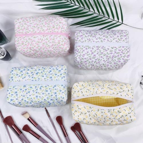 Aucuu Floral Makeup Bag, Cotton Toiletry Bag, Makeup Bags, Portable Travel Cosmetic Bags, Large Capacity Floral Toiletry B-ag, Quilted Wash Organizer Pouch for Women Girls for School,Travel — view 5