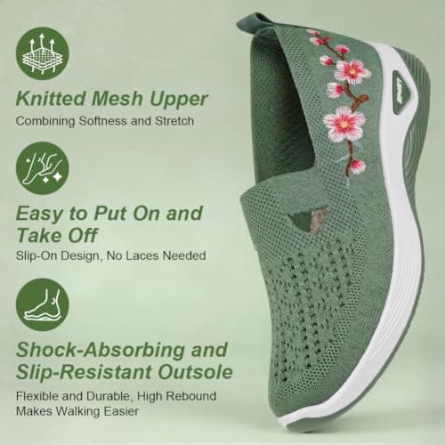 OSDUE Orthopedic Shoes for Women Slip On Trainers with Arch Support Green — view 3