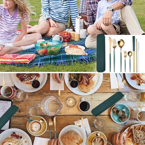 AARAINBOW Stainless Steel Flatware Set for 1, 8 Pieces Utensils Set for Lunch Box, Portable Fork Knife Spoon Set with Case, Reusable Cutlery Set Travel Utensils Set (Green Golden) — view 5