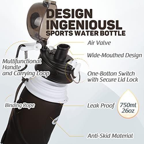 Kemier Collapsible Foldable Water Bottle for Travel, Gym, Hiking - Silicone Leakproof Sports Outdoor Bottle with Carabiner, 750ML/26OZ (Black) — view 3