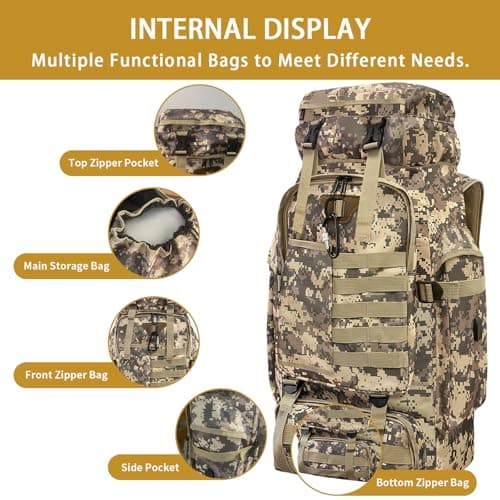 Vaupan Hiking Backpack, 80L Camping Military Tactical Backpack with USB Charging Port, Waterproof Large Travel Daypack Outdoor MOLLE Rucksack for Men Women (City Camo-Biner) — view 6