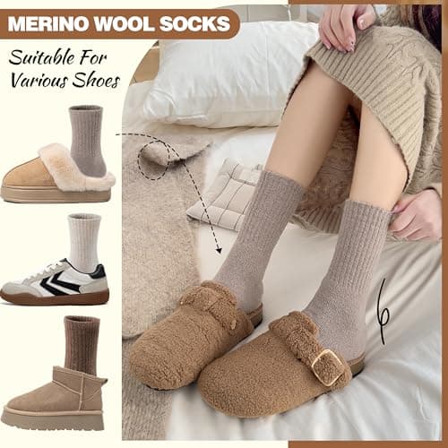 EBMORE Womens Merino Wool Socks Thermal Warm Winter Thick Cosy Boot Crew Cabin Ladies Work Soft Walking Hiking Socks 5 Pairs Gift Stocking Fillers(Beige/White/Black/Khaki) — view 3