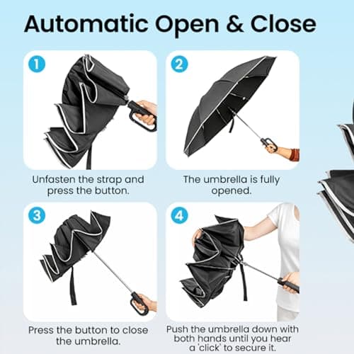 M.J COMFY-LIFE Compact Reverse Folding Umbrella with Ergonomic Carabiner Handle – Travel Umbrella Windproof & Waterproof, Auto Open/Close, Strong 10-Rib Frame, Portable Folding Umbrella (Grey) — view 5