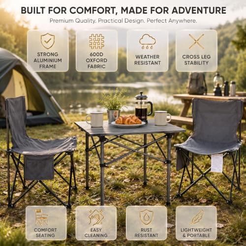 HomlyPro Folding Camping Table and Chairs, Set of 2 - Lightweight and Durable, Garden Table and Chairs with Carry Bag for Indoor & Outdoor Use, Ideal for Picnic & Garden (Grey) — view 4