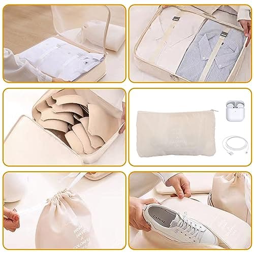 Aselected 7 PCS Travel Organiser Packing Bags Packing Cubes Travel Luggage Packing Organizers Clothes Shoes Cosmetics Toiletries Storage Bags (Beige) — view 5