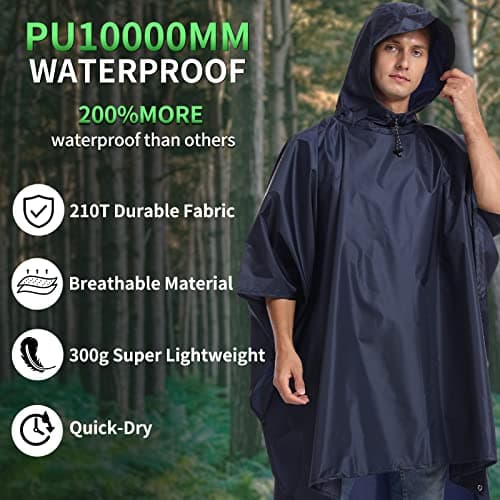 Opret Rain Poncho for Adults Navy, Raincoat 3-in-1 with Hood — view 6