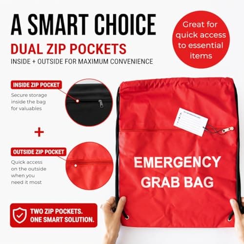 MediCounter Emergency Grab Bag – Water-Resistant Drawstring Emergency Go Bag (42x49cm) with Zip Pocket & Info Tag - Red — view 2