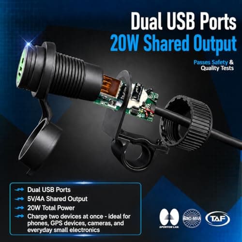 Cliff Top Heavy Duty Waterproof Motorcycle USB 5V 4 Amp Magnetic Switch Dual USB Charging Port for 7/8-1" Handlebar ATV UTV Smart Phone GPS Tablet Camera - Prevent Battery Drain — view 3