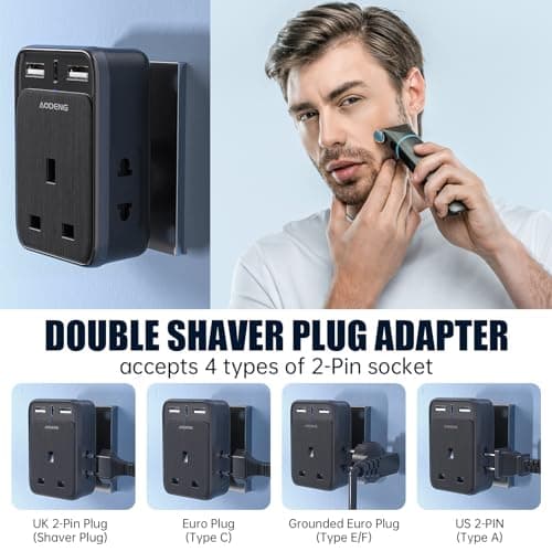 UK to US Plug Adapter, USA Travel Adapter with 2 USB-A Ports & 1 USB-C Ports(5V/3.4A) and 2 Shaver Plug Adaptor UK for Shaver/Toothbrush, US Plug Adapter for Thailand Mexico Colombia(Type B) — view 5