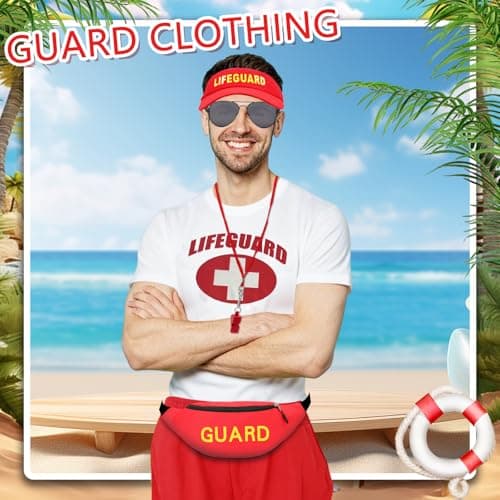 7 Pcs Life Guard Costume Set Guard Accessories Kit Include T-shirt Shorts Hat Fanny Pack Whistle Inflatable Float Prop Sunglasses Life Guard Fancy Dress for Men Women Halloween Cosplay Dress Up Party — view 4
