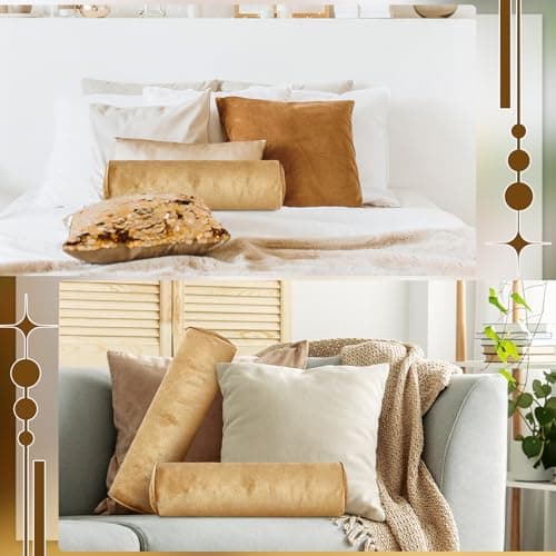 Qinyoung Luxury Velvet Round Pillowcase 17 Inches - Cervical Neck Roll for House Home Decor - Cylindrical Bolster Cushion (Gold, 2 Pcs) — view 4