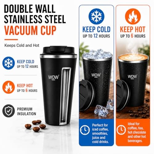 wowtravel Insulated Travel Mug Stainless Steel Coffee Cup Leakproof Vacuum Flask Hot and Cold Drinks 380ml 500ml Reusable Cup with Lid Fits Car Cup Holder Black Khaki (Black, 380ml) — view 4