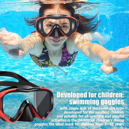HIKOTEY Snorkel Mask for Kids(4-16 Years),180°Panoramic View Diving Mask With Tempered Glass Lenses,Anti-fog, Anti-leak Technology,Adjustable Silicone Strap,Includes Earplugs and Nose Clip (Red+Black) — view 5