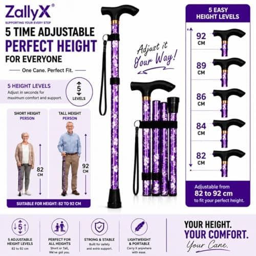 ZallyX Foldable Walking Sticks for Men & Women, 85–95cm Adjustable Ladies Walking Stick, Mobility aids, Collapsible walking stick For Elderly Adults (Purple Flower) — view 6